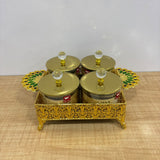 A07921 SHINEMAX 4-Piece Crystal-Knob Candy Jars with Royal Gold Filigree Tray [SMBJ-709-G]