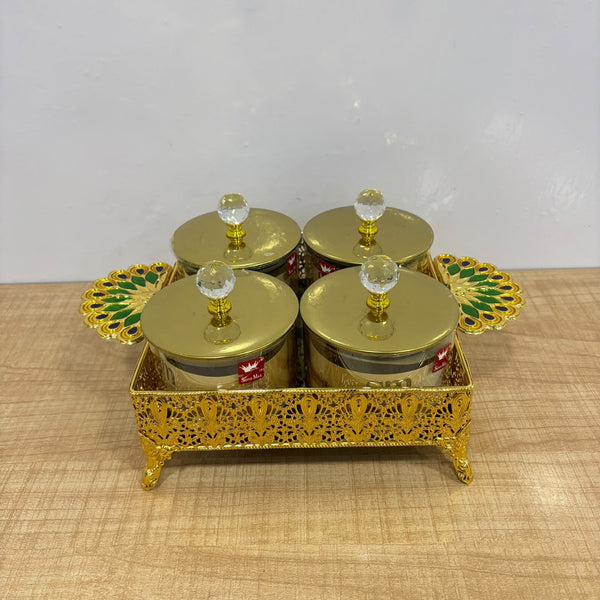 A07921 SHINEMAX 4-Piece Crystal-Knob Candy Jars with Royal Gold Filigree Tray [SMBJ-709-G]