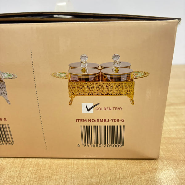 A07921 SHINEMAX 4-Piece Crystal-Knob Candy Jars with Royal Gold Filigree Tray [SMBJ-709-G]