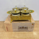 A07921 SHINEMAX 4-Piece Crystal-Knob Candy Jars with Royal Gold Filigree Tray [SMBJ-709-G]