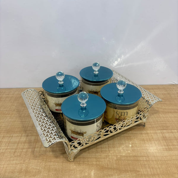A07922 SHINEMAX 4 Pcs Glass Candy Jars Set with Metallic Silver Serving Tray & Crystal Lids [SMBJ-711-S]
