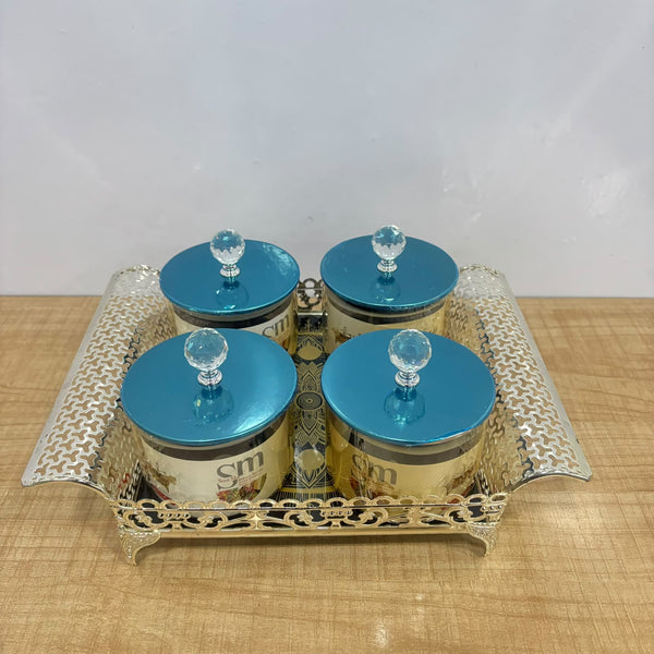 A07922 SHINEMAX 4 Pcs Glass Candy Jars Set with Metallic Silver Serving Tray & Crystal Lids [SMBJ-711-S]