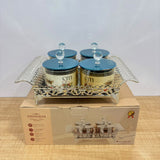 A07922 SHINEMAX 4 Pcs Glass Candy Jars Set with Metallic Silver Serving Tray & Crystal Lids [SMBJ-711-S]