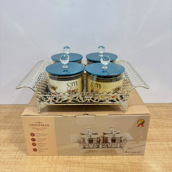 A07922 SHINEMAX 4 Pcs Glass Candy Jars Set with Metallic Silver Serving Tray & Crystal Lids [SMBJ-711-S]