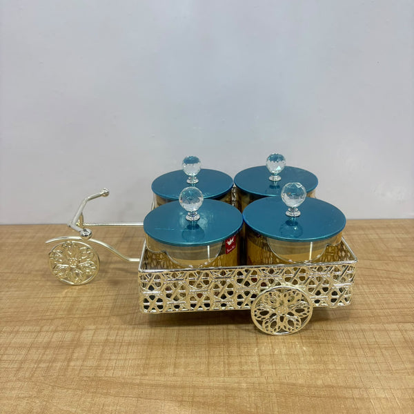 A07923 Shinemax 4 Pcs Glass Candy Bowl Set with Decorative Cart Tray for Dry Fruits, Sweets [SMBJ-720-S]