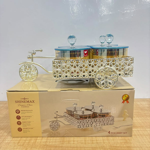 A07923 Shinemax 4 Pcs Glass Candy Bowl Set with Decorative Cart Tray for Dry Fruits, Sweets [SMBJ-720-S]