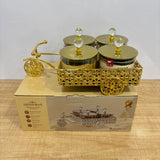 A07924 Luxury 4-Piece Glass Candy & Dry Fruit Jar Set with Decorative Metal Cycle Trolley Stand [SMBJ-720-G]