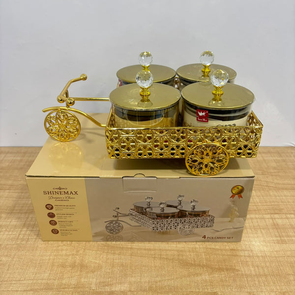 A07924 Luxury 4-Piece Glass Candy & Dry Fruit Jar Set with Decorative Metal Cycle Trolley Stand [SMBJ-720-G]