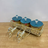 A07925 Shinemax 3 Pcs Glass Candy Jar Set with Decorative Horse Chariot Metallic Tray [SMBJ-701-S]