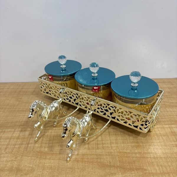A07925 Shinemax 3 Pcs Glass Candy Jar Set with Decorative Horse Chariot Metallic Tray [SMBJ-701-S]