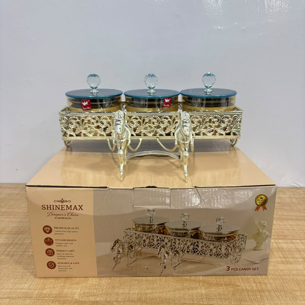 A07925 Shinemax 3 Pcs Glass Candy Jar Set with Decorative Horse Chariot Metallic Tray [SMBJ-701-S]