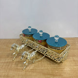 A07925 Shinemax 3 Pcs Glass Candy Jar Set with Decorative Horse Chariot Metallic Tray [SMBJ-701-S]