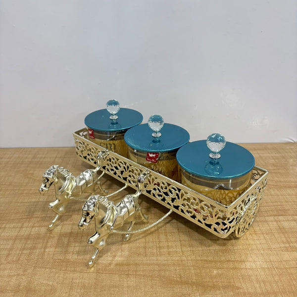 A07925 Shinemax 3 Pcs Glass Candy Jar Set with Decorative Horse Chariot Metallic Tray [SMBJ-701-S]