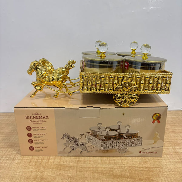 A07926 Shinemax Golden Horse Chariot Dry Fruit Container & Candy Bowl Set with Lidded Jars (4-Piece Set) [SMBJ-703-G]