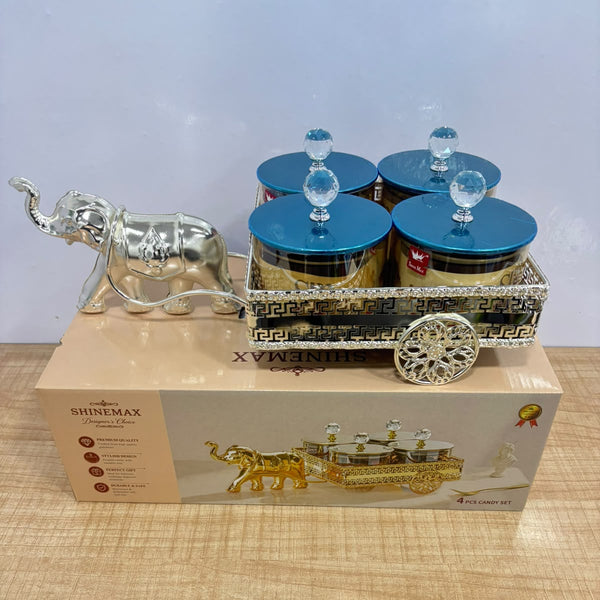 A07927 SHINEMAX Decorative Elephant Cart 4-Piece Candy & Dry Fruit Jar Set with Silver Metallic Tray [SMBJ-706-S]