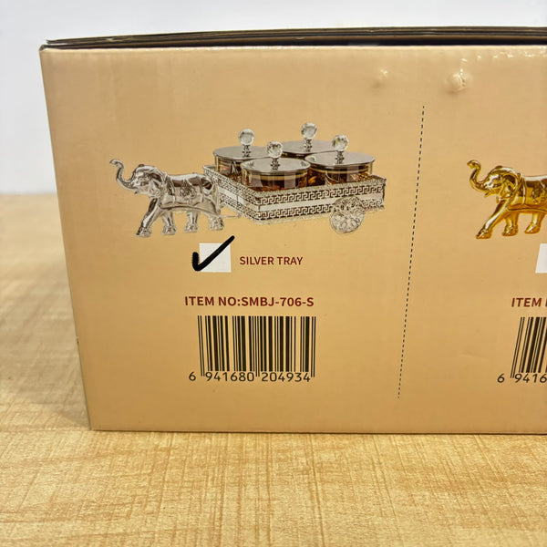 A07927 SHINEMAX Decorative Elephant Cart 4-Piece Candy & Dry Fruit Jar Set with Silver Metallic Tray [SMBJ-706-S]