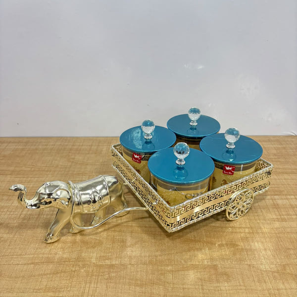 A07927 SHINEMAX Decorative Elephant Cart 4-Piece Candy & Dry Fruit Jar Set with Silver Metallic Tray [SMBJ-706-S]