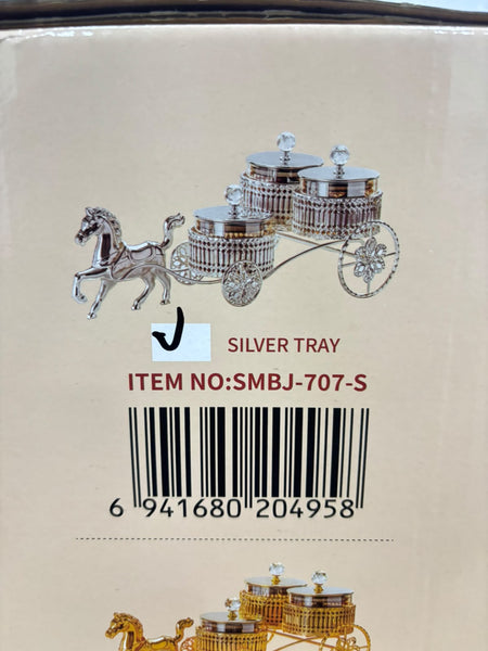 A07928 SHINEMAX Decorative Horse Cart Dry Fruit Bowl Set with 3 Jars & Lids (Silver Plated Metallic Tray) [SMBJ-707-S]