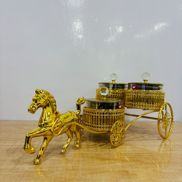 A07929 SHINEMAX Gold Horse Cart Dry Fruit & Candy Bowl Set with 3 Jars [SMBJ-707-G]