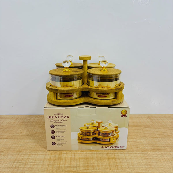 A07930 Shinemax 4 Pcs Glass Candy Jar Set with Wooden Lids & Stand Tray [SMBJ-601] – Elegant Dry Fruit & Mouth Freshener Serving Bowls Set with Crystal Knobs