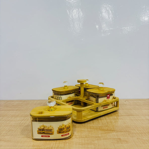 A07931 Shinemax 4-Piece Designer Glass Jar Candy & Dry Fruit Set with Wooden Tray & Lids
