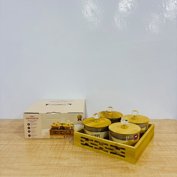 A07932 SHINEMAX 4 Pcs Glass Storage Canister Set with Wooden Lids, Crystal Knobs & Wooden Serving Tray [SMBJ-608]
