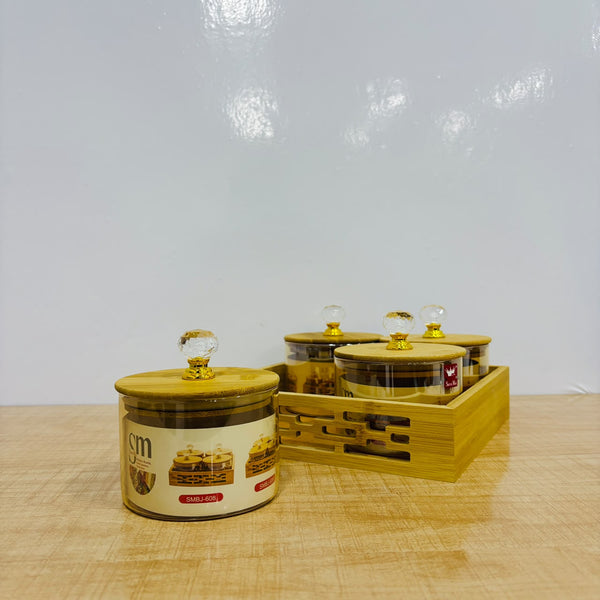 A07932 SHINEMAX 4 Pcs Glass Storage Canister Set with Wooden Lids, Crystal Knobs & Wooden Serving Tray [SMBJ-608]