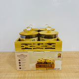 A07932 SHINEMAX 4 Pcs Glass Storage Canister Set with Wooden Lids, Crystal Knobs & Wooden Serving Tray [SMBJ-608]