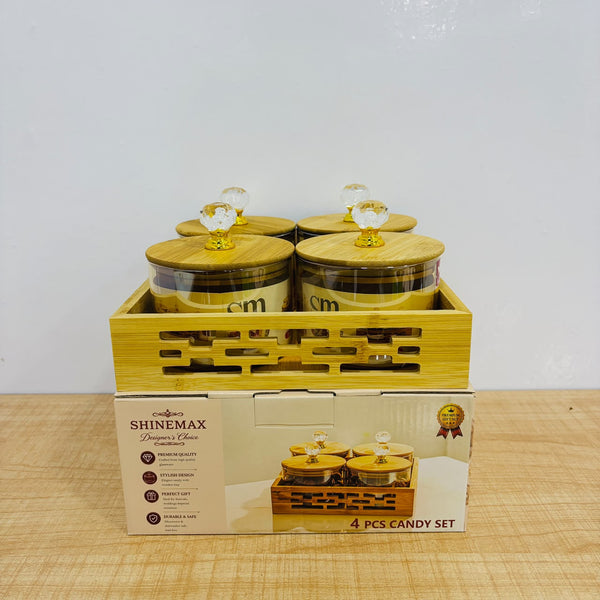 A07932 SHINEMAX 4 Pcs Glass Storage Canister Set with Wooden Lids, Crystal Knobs & Wooden Serving Tray [SMBJ-608]