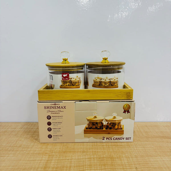 A07907 SHINEMAX 2-Piece Glass Candy & Dry Fruit Jar Set with Wooden Lids & Serving Tray [SMBJ-616]