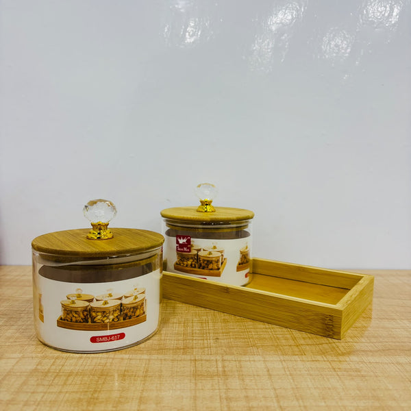 A07907 SHINEMAX 2-Piece Glass Candy & Dry Fruit Jar Set with Wooden Lids & Serving Tray [SMBJ-616]