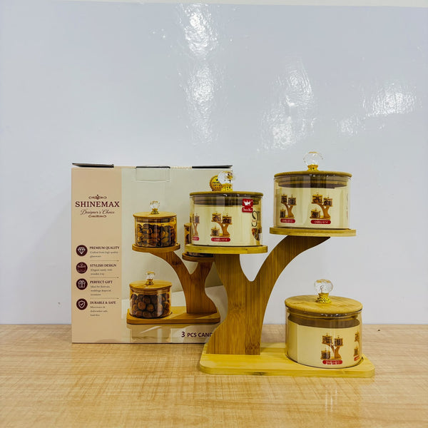 A07934 Shinemax 3 Pcs Glass Candy Jar Set with Wooden Tree Stand & Crystal Knobs [SMBJ-613]