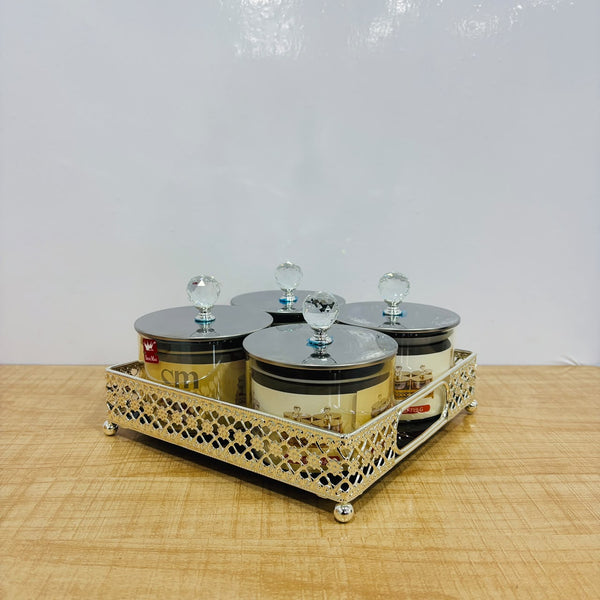 A07913 SHINEMAX 4-Piece Glass Jars Set with Decorative Silver Serving Tray & Crystal-Lid Knobs [SMBJ-719-S]