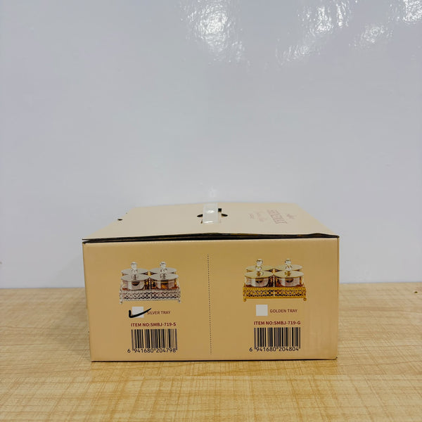 A07913 SHINEMAX 4-Piece Glass Jars Set with Decorative Silver Serving Tray & Crystal-Lid Knobs [SMBJ-719-S]