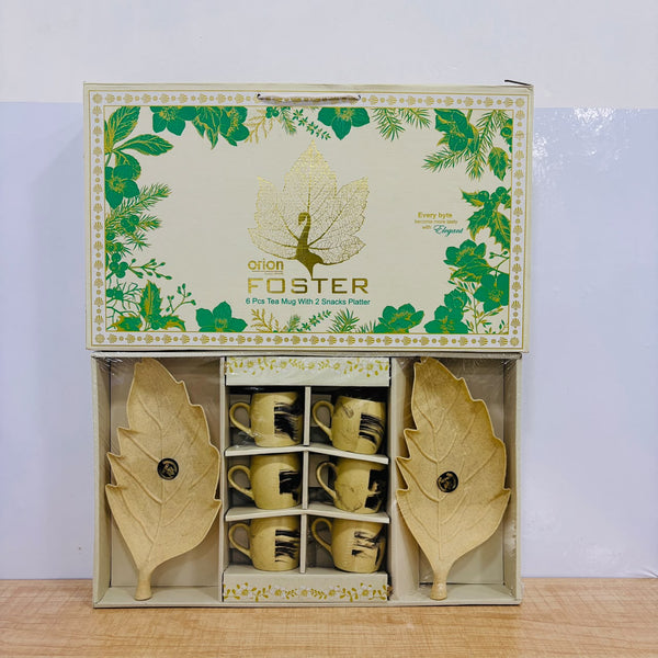 A07936 Orion Foster 8 Pcs Tea Set – 6 Glass Mugs with 2 Leaf-Shaped Snack Platters