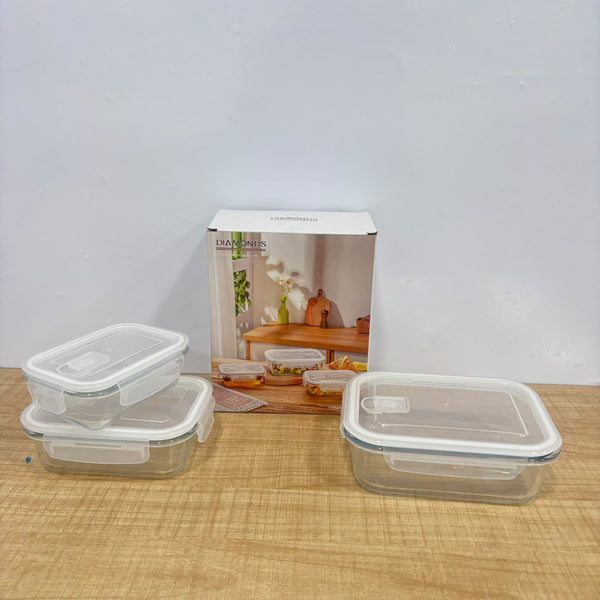A07940 Diamonds Airtight Glass Food Storage Containers with Clip Lids (Set of 3)