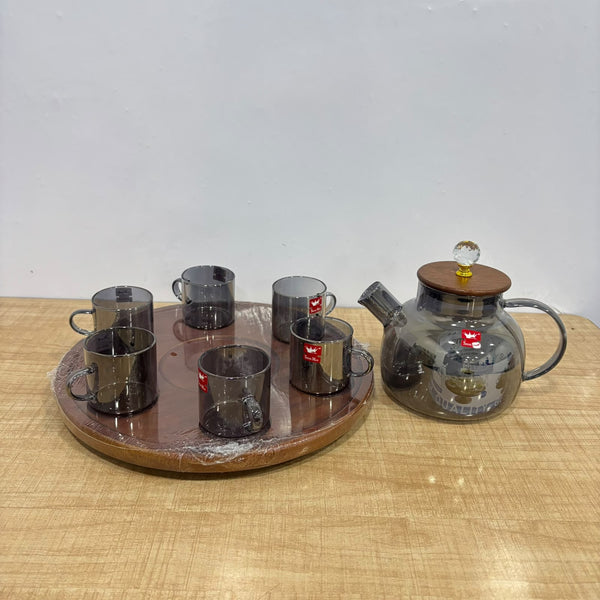 A07943 Shine Max 8-Piece Smoke Glass Teapot & Cup Set with 360° Rotating Wooden Stand