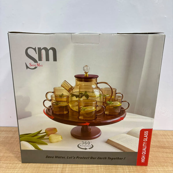A07944 Shine Max 8-Piece High Quality Glass Teapot & Cup Set with 360° Rotatable Wooden Tray Stand