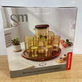 A07946 Shine Max Amber Glass Water Pitcher Jug with 6 Square Glasses & 360 Rotating Wooden Tray Set