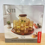 A07946 Shine Max Amber Glass Water Pitcher Jug with 6 Square Glasses & 360 Rotating Wooden Tray Set