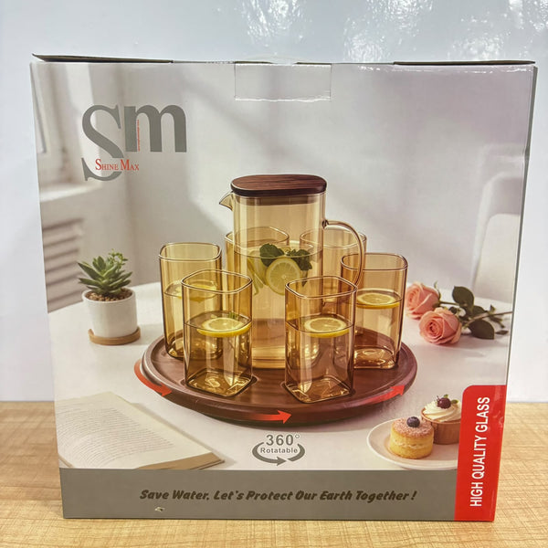 A07946 Shine Max Amber Glass Water Pitcher Jug with 6 Square Glasses & 360 Rotating Wooden Tray Set