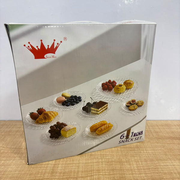 A07949 Shine Max Clear Glass Snack Set - 7 Pieces (6 Small Quarter Plates + 1 Large Serving Plate)