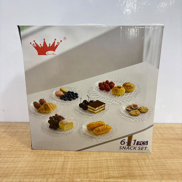 A07949 Shine Max Clear Glass Snack Set - 7 Pieces (6 Small Quarter Plates + 1 Large Serving Plate)