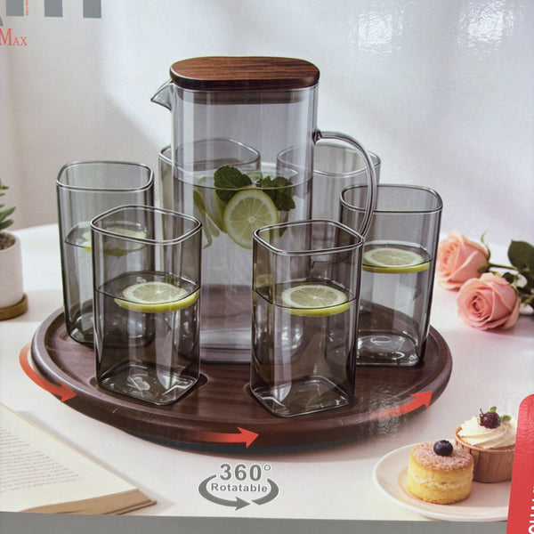A07945 Shine Max 8-Piece Glass Pitcher and Cup Set with 360 Rotating Wooden Tray Base