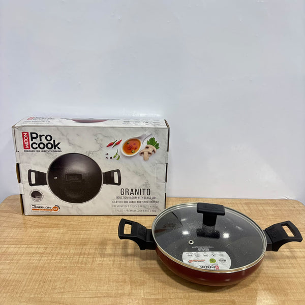 A07956 Milton ProCook Granito Induction Non-Stick Kadhai with Glass Lid (24 cm, Maroon)