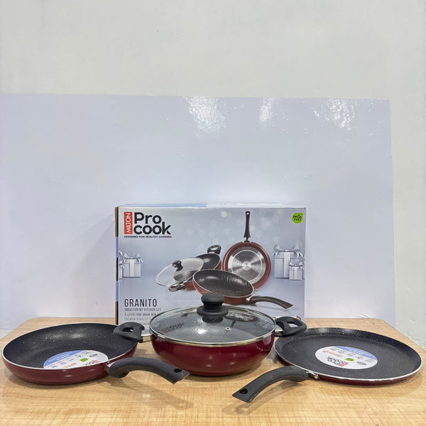 A07960 Milton ProCook Granito Non-Stick Induction Kitchen Set – 3 Pcs (28cm Tawa, 24cm Fry Pan, 24cm Kadhai with Glass Lid)