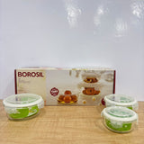 A07961 Borosil Klip-N-Store Round Glass Container Set of 3 (400 ml, 620 ml, 950 ml)
