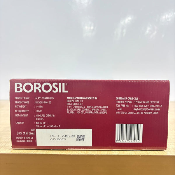 A07961 Borosil Klip-N-Store Round Glass Container Set of 3 (400 ml, 620 ml, 950 ml)