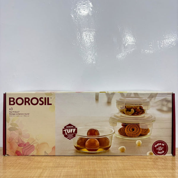 A07961 Borosil Klip-N-Store Round Glass Container Set of 3 (400 ml, 620 ml, 950 ml)