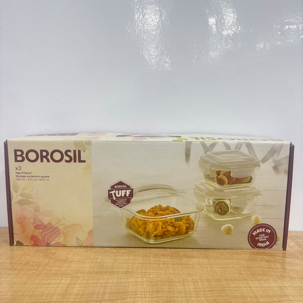 A07962 Borosil Klip-N-Store Square Glass Storage Containers Set of 3 (320 ml, 520 ml, 800 ml)